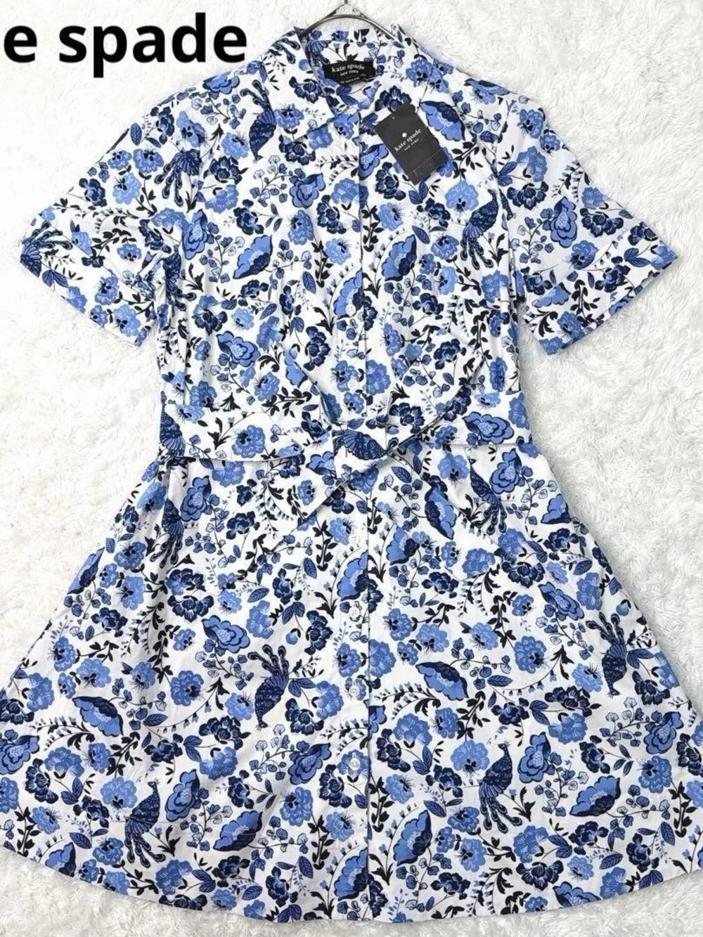 Nwt Kate Spade Short Blue Peacock Floral Shirt Dress with Tie Waist